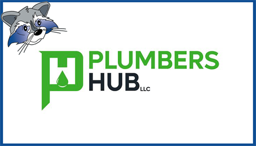 Blue box frame with raccoon head on the upper left corner. Inside the frame is the Plumbers  Hub logo which features a capital H in green with a water drop and the text plumbers hub.